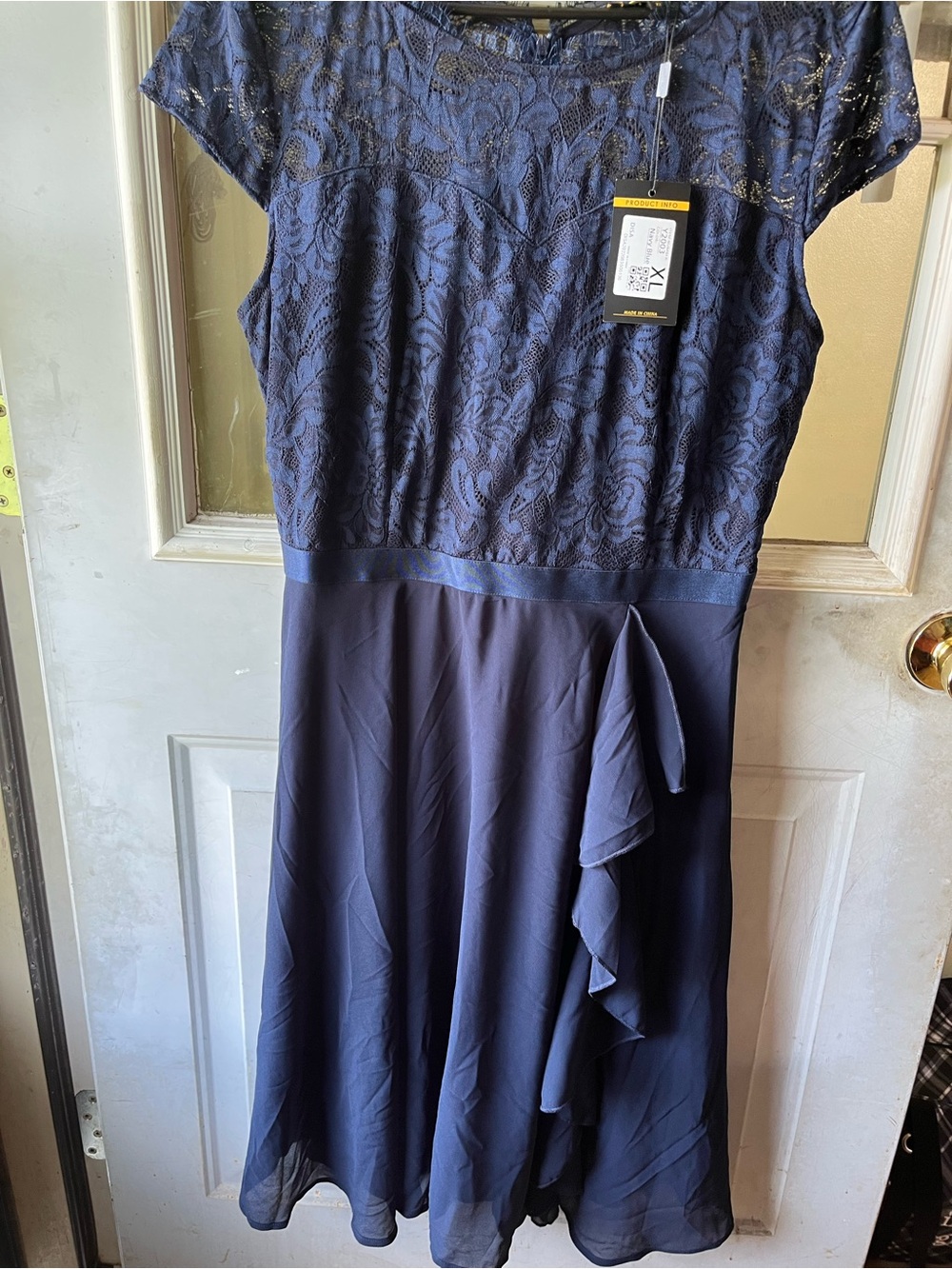 Miusol Navy Lace Bodice Chiffon Midi Dress